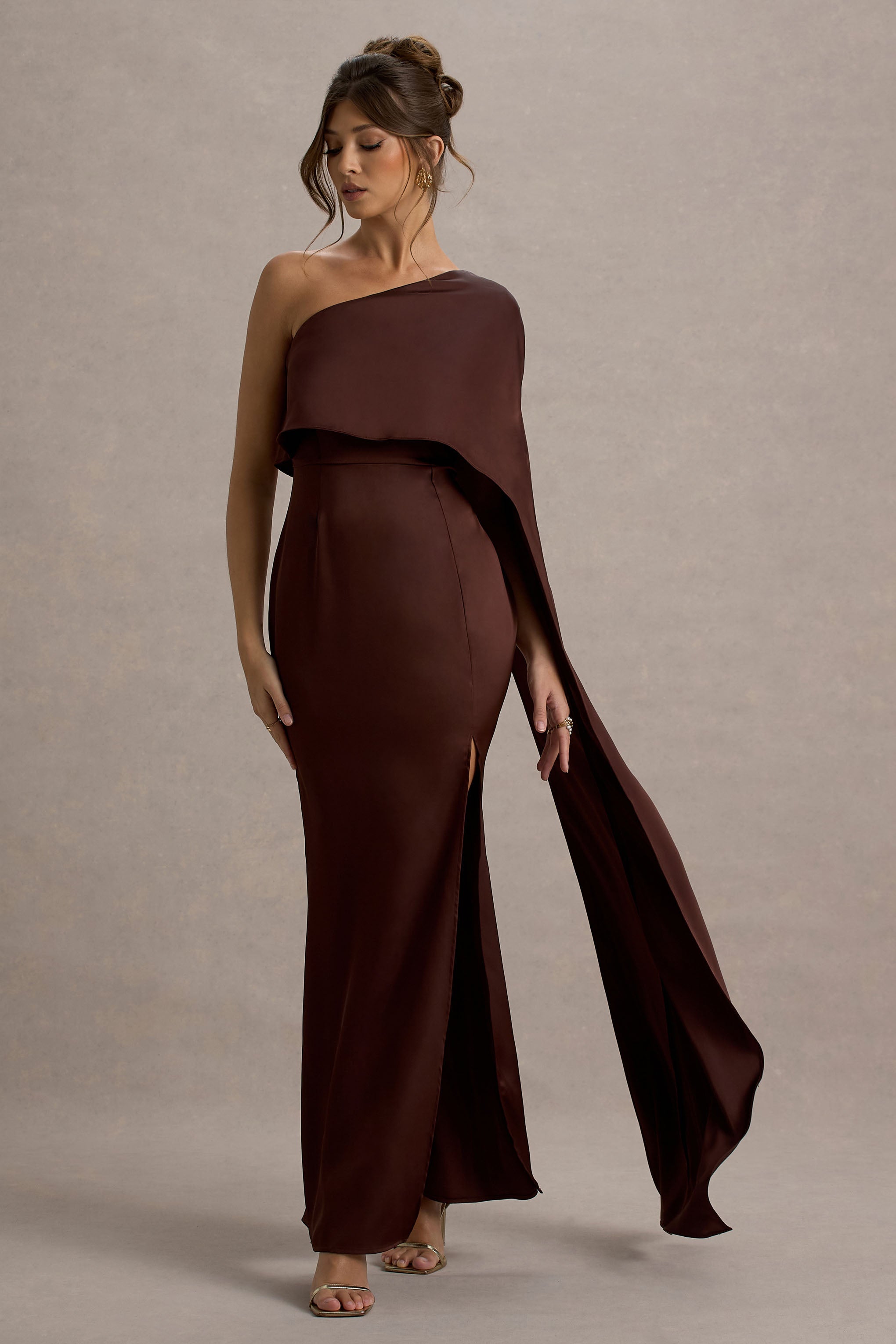 Amora | Brown Satin Asymmetric Cape-Sleeve Split Maxi Dress