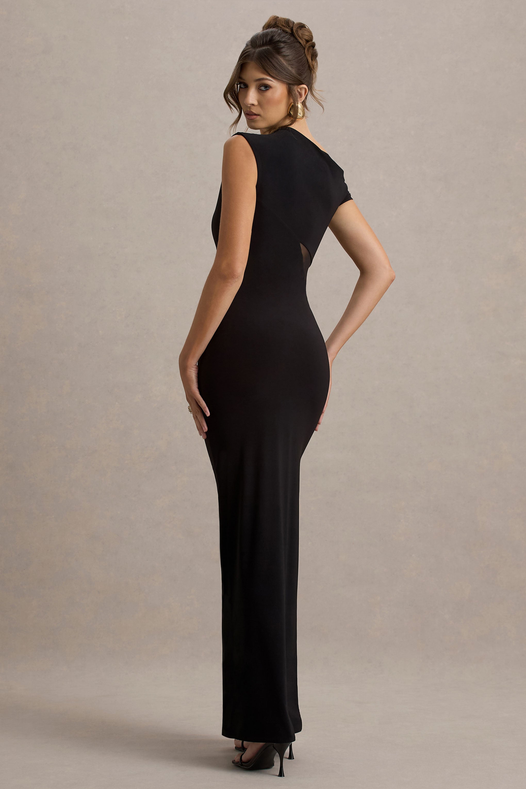 Emily | Black Asymmetric Split Maxi Dress With Mesh Detailing