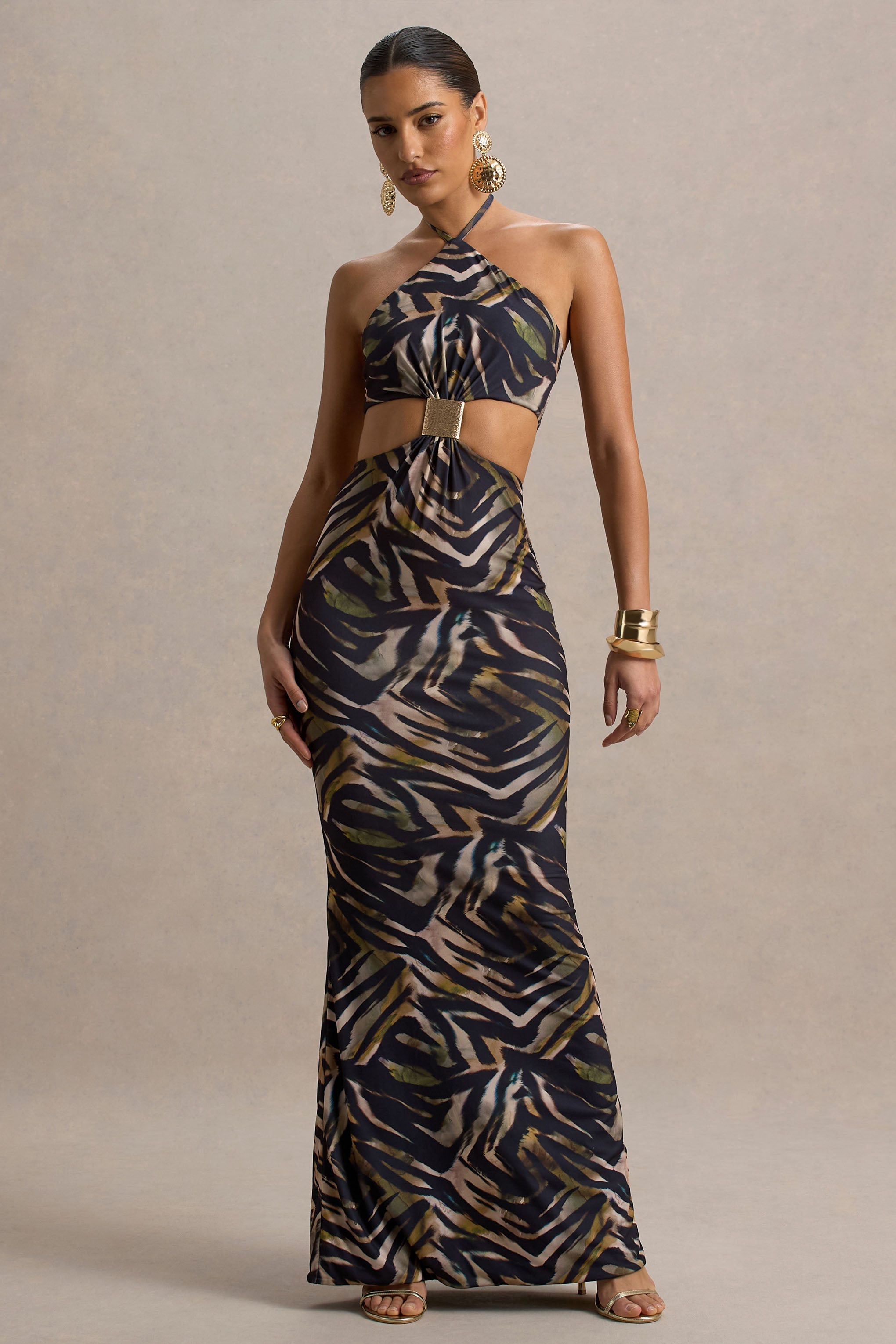 Olina | Zebra Print Halter-Neck Cut-Out Maxi Dress