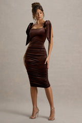 Tarna | Brown Velvet Midi Dress With Bow Straps