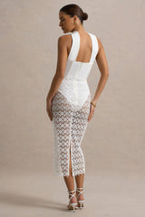 Tamala | White High-Neck Midi Dress With Lace Skirt
