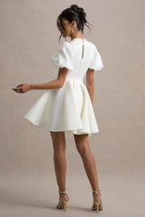 Emelia | White Puff-Sleeve Skater Mini Dress