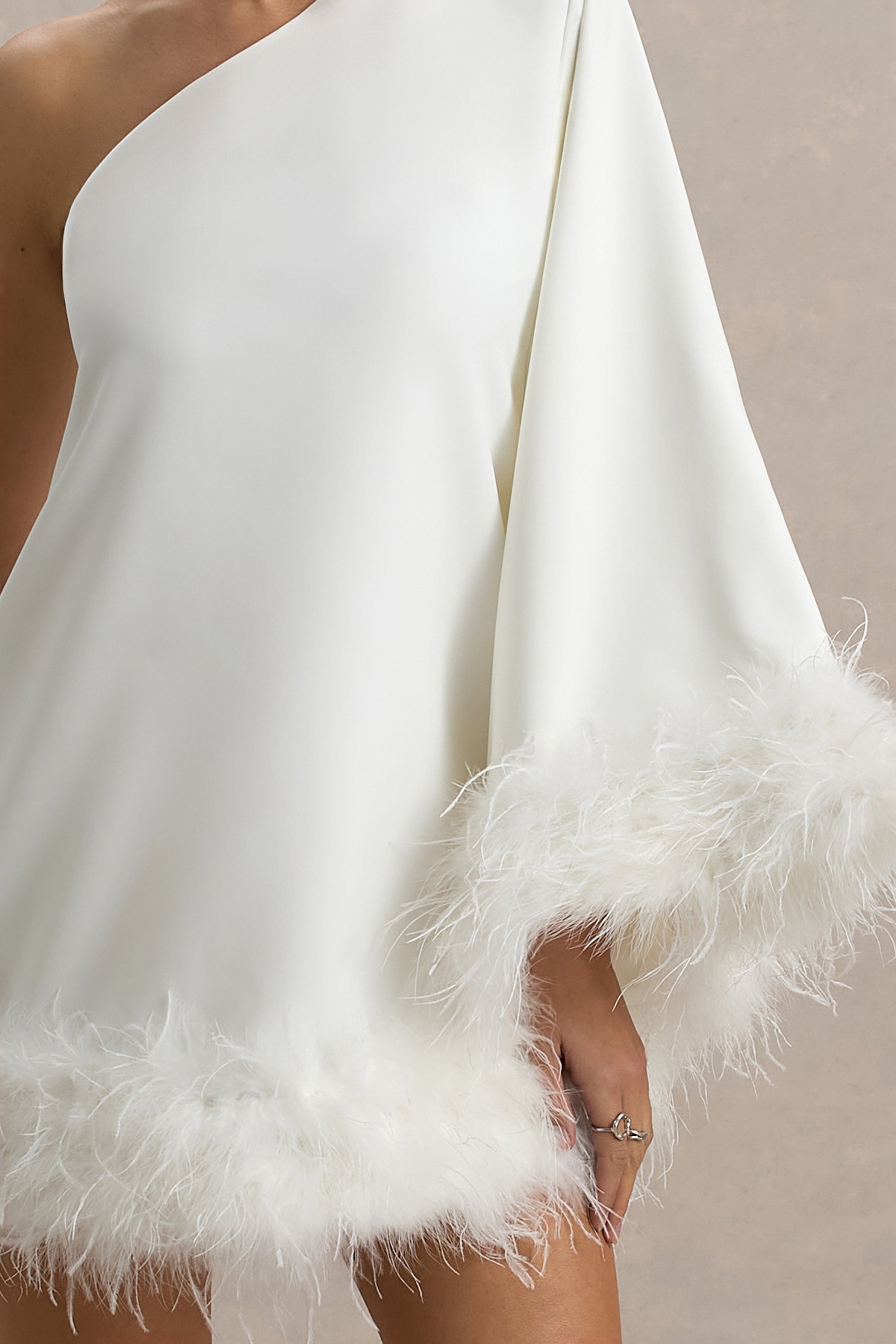 Epiphany | White One Shoulder Cape Sleeve Mini Dress With Feathers