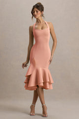 Arla | Pink Halter Neck Ruffle Trim Midi Dress