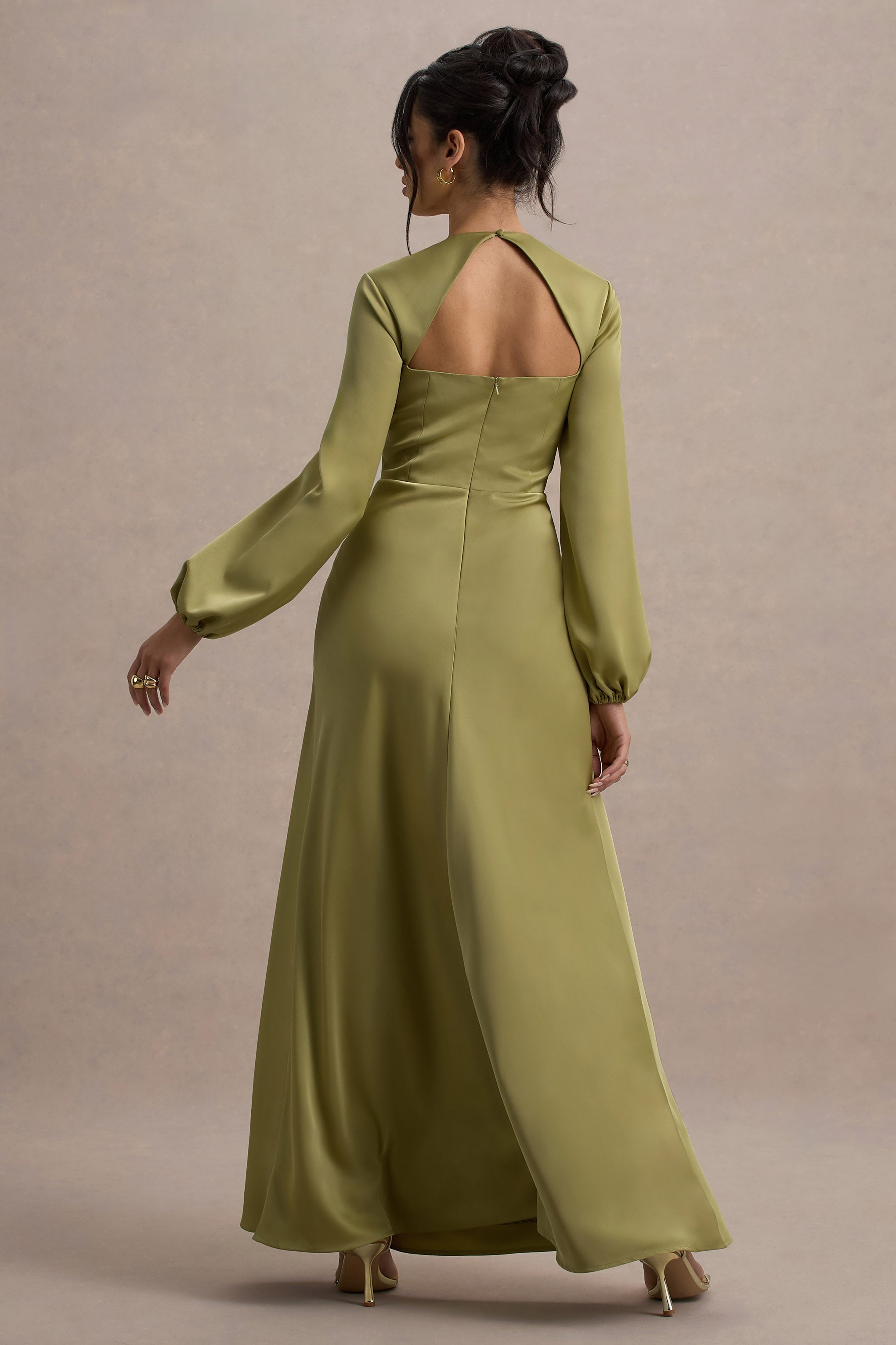Crawley | Light Green Satin Puff-Sleeve Maxi Dress