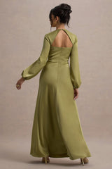 Crawley | Light Green Satin Puff-Sleeve Maxi Dress