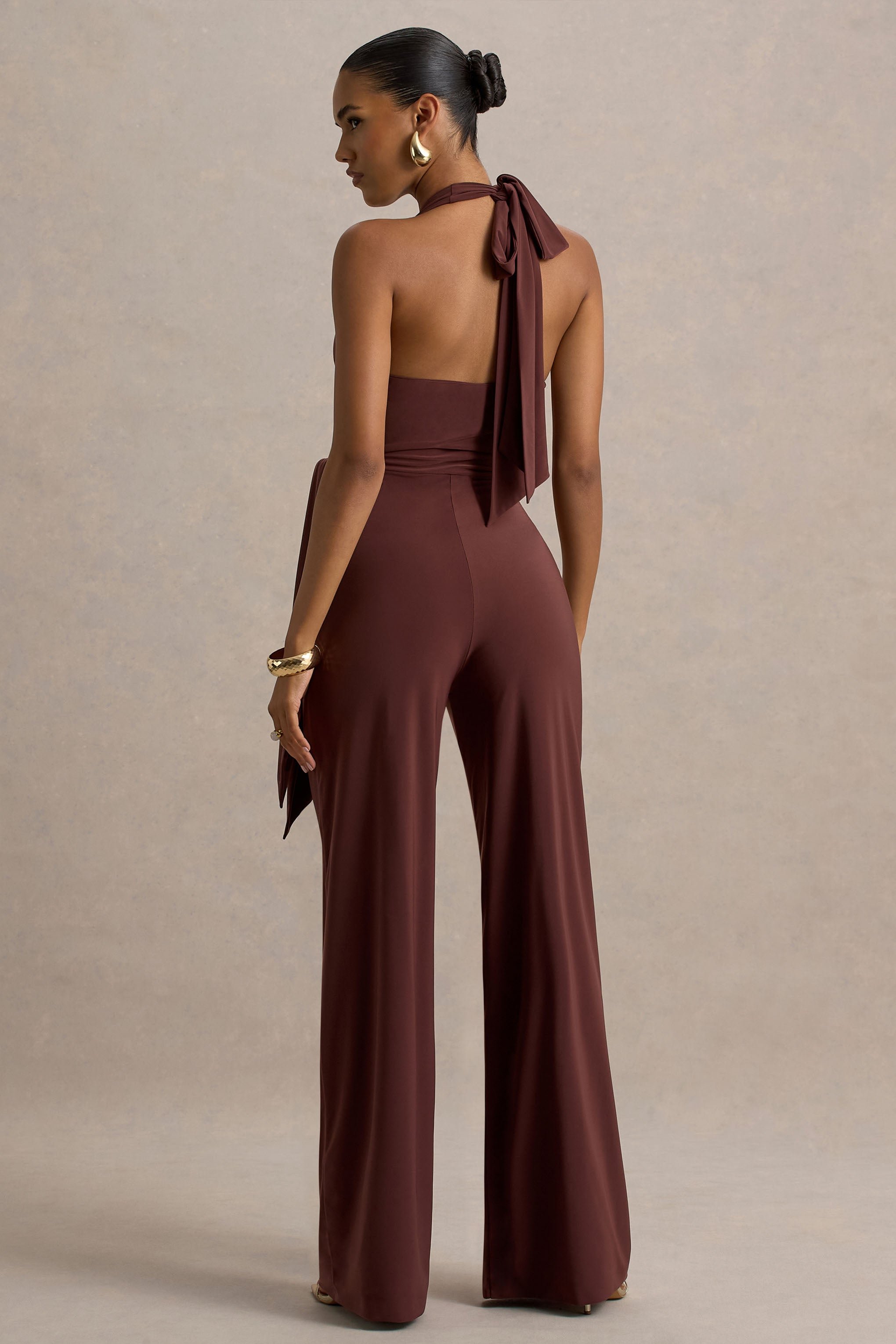 Marlais | Chocolate Plunge-Neck Jumpsuit With Tie-Waist