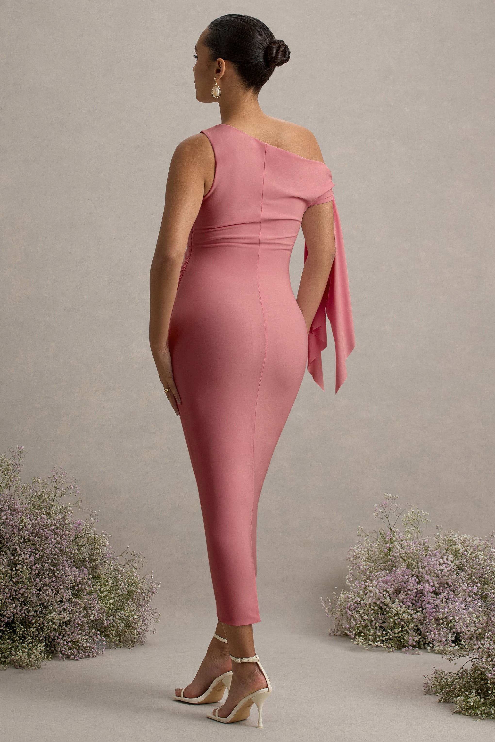 Katarine | Pink Asymmetric Knot Maternity Midi Dress