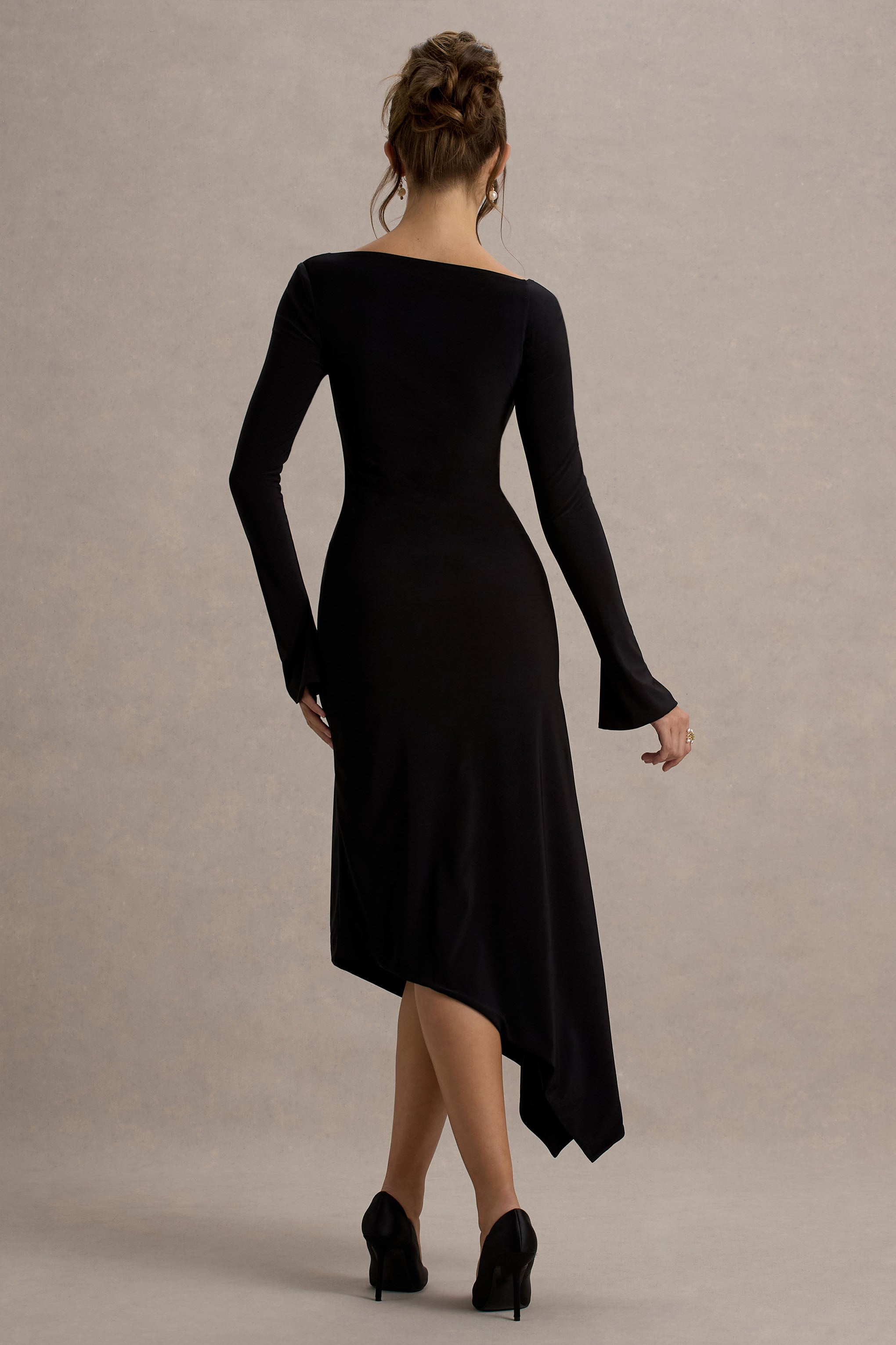 Serenita | Black Asymmetric Long-Sleeve Midi Dress