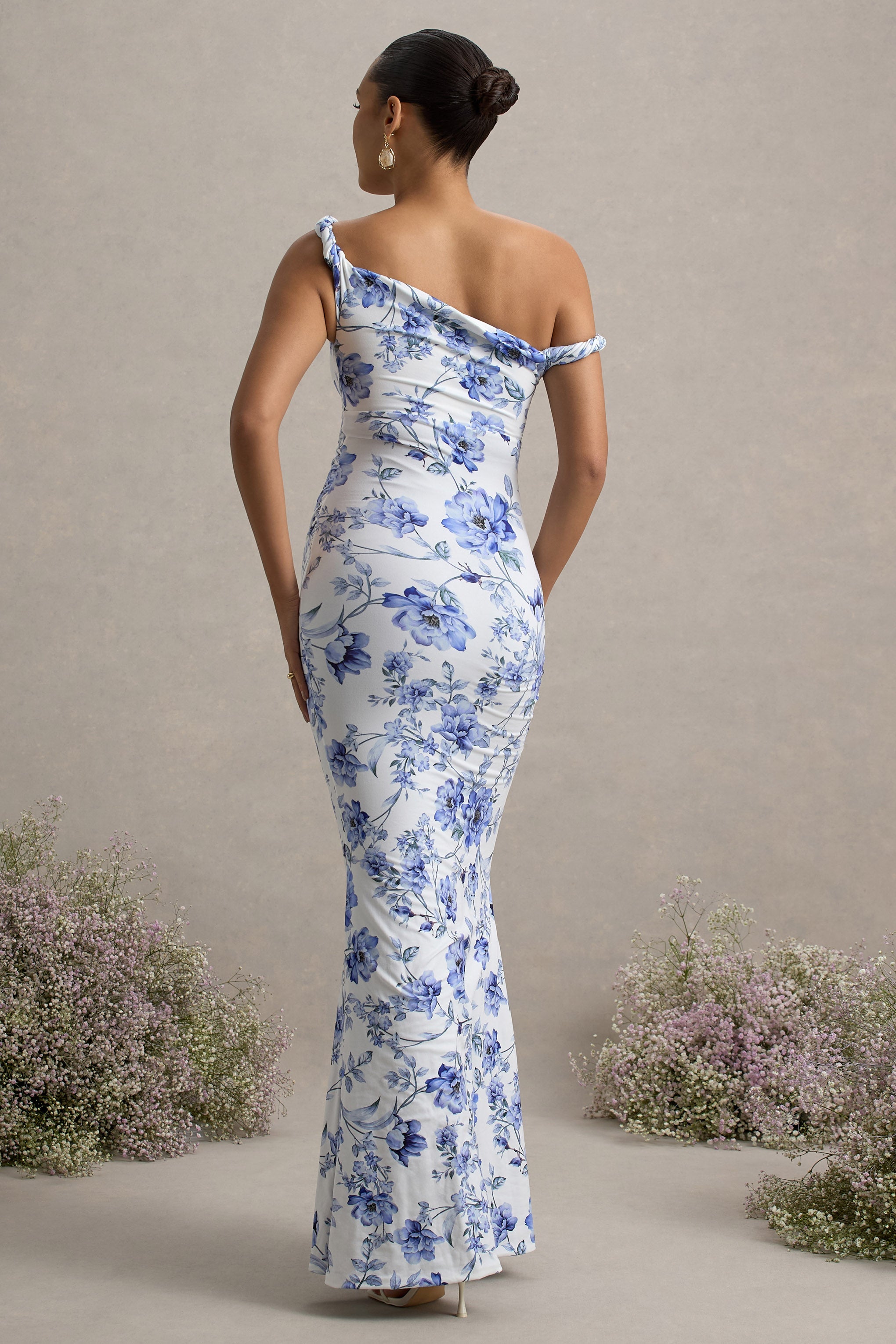 Lita | Blue Floral Print Twisted Asymmetric Maternity Maxi Dress
