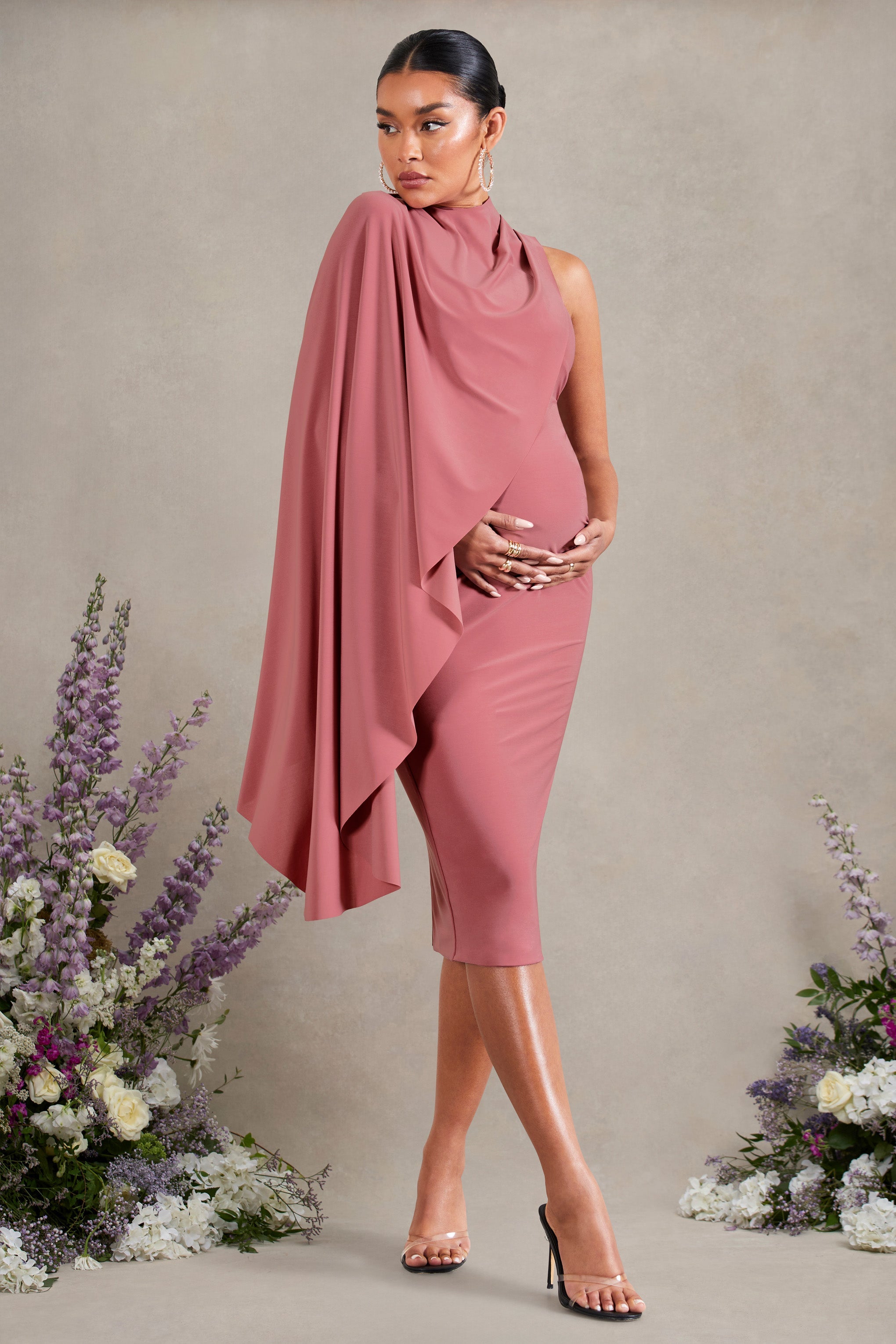New Chapter | Blush Pink Asymmetric Maternity Midi Dress With Cape