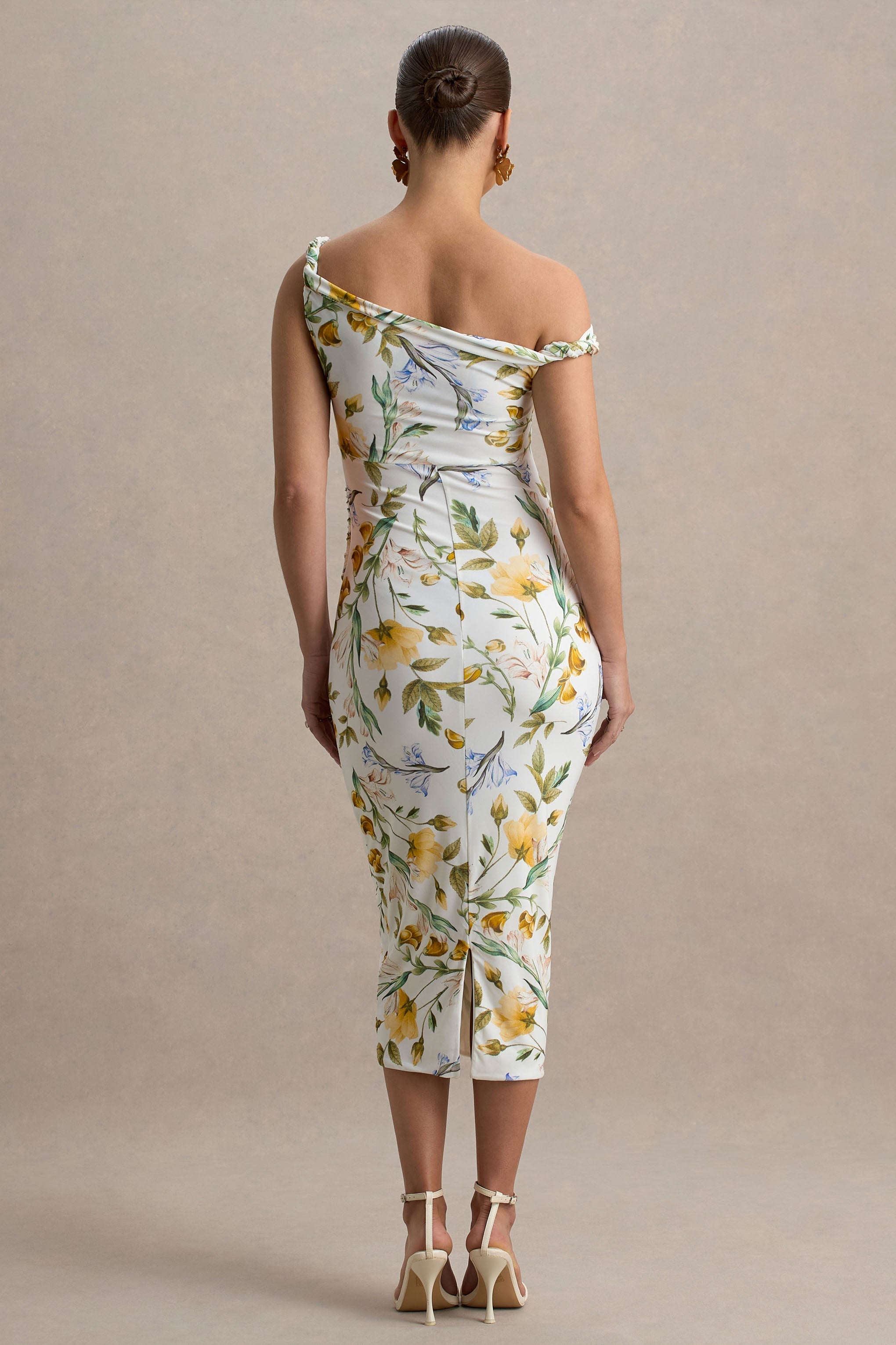 Salome | White Botanical Floral Print Twisted Asymmetric Maternity Midi Dress
