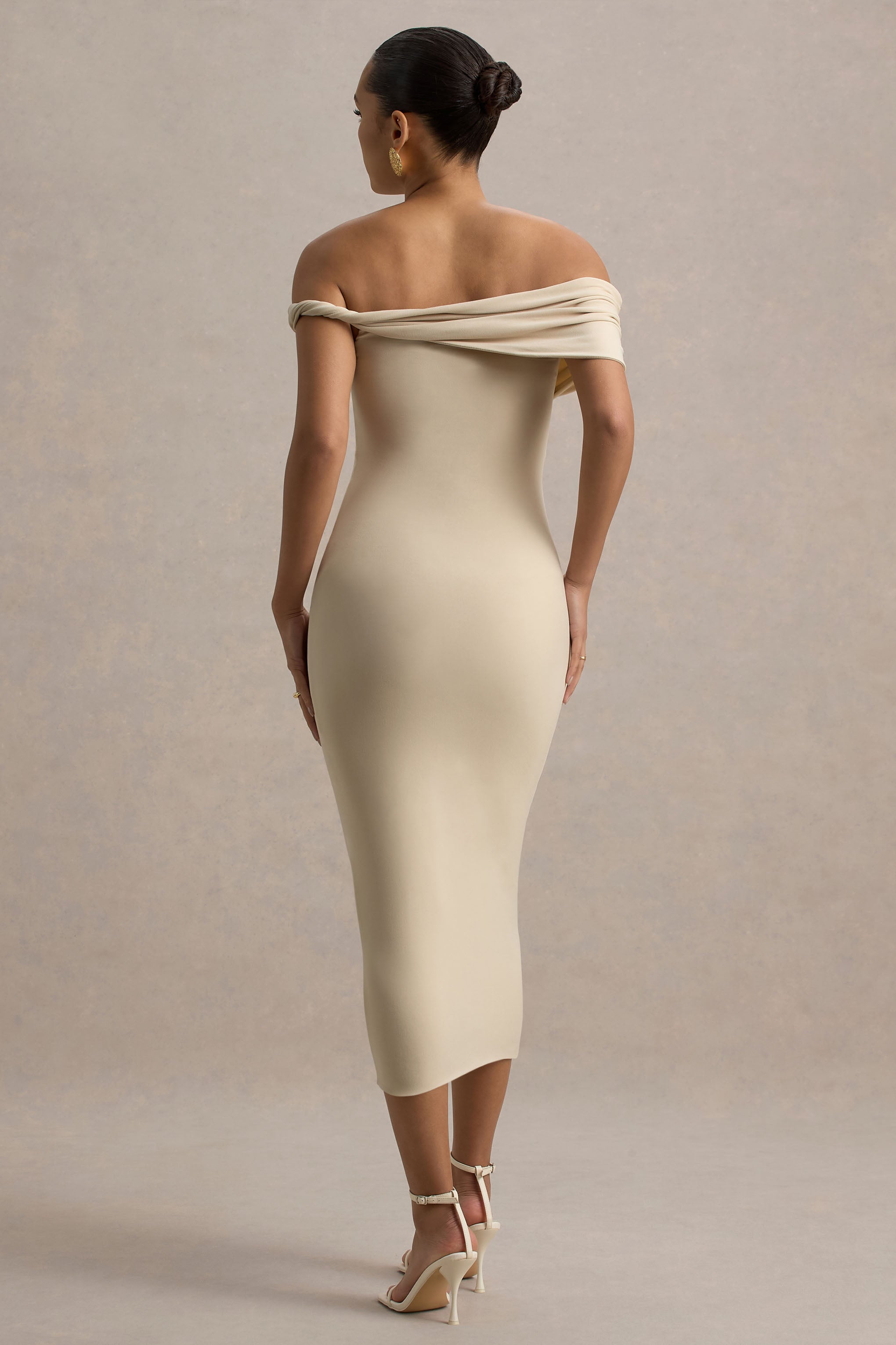 Skye | Sand Twisted Bardot Midi Dress