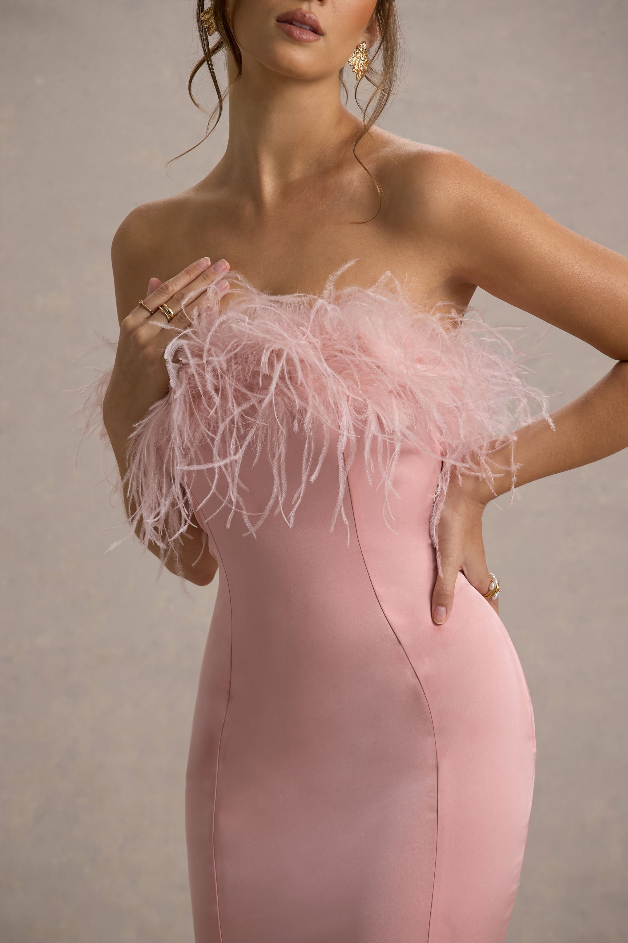 One And Only | Light Pink Satin Feather Trim Bandeau Midi Dress