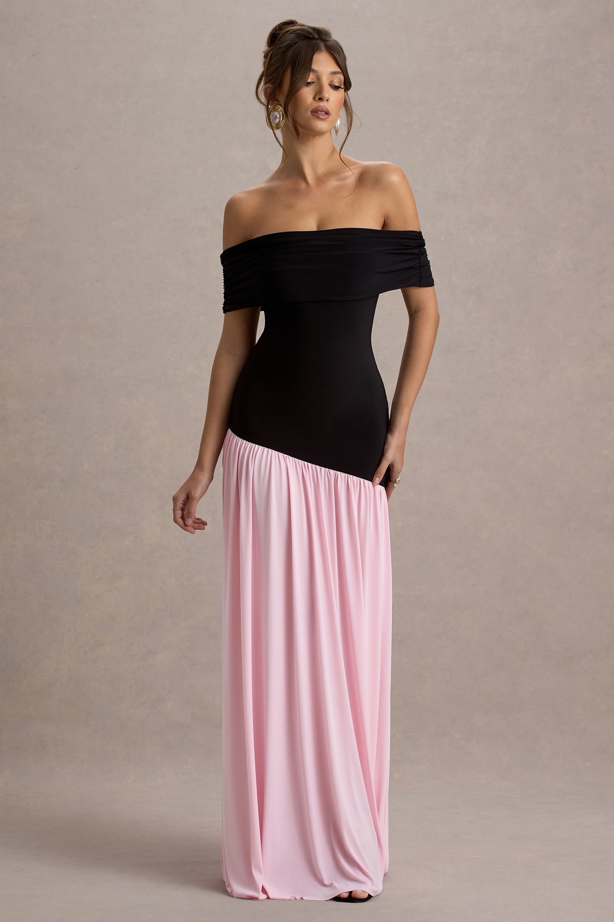 Venezia | Black & Pink Bardot Puff-Skirt Maxi Dress