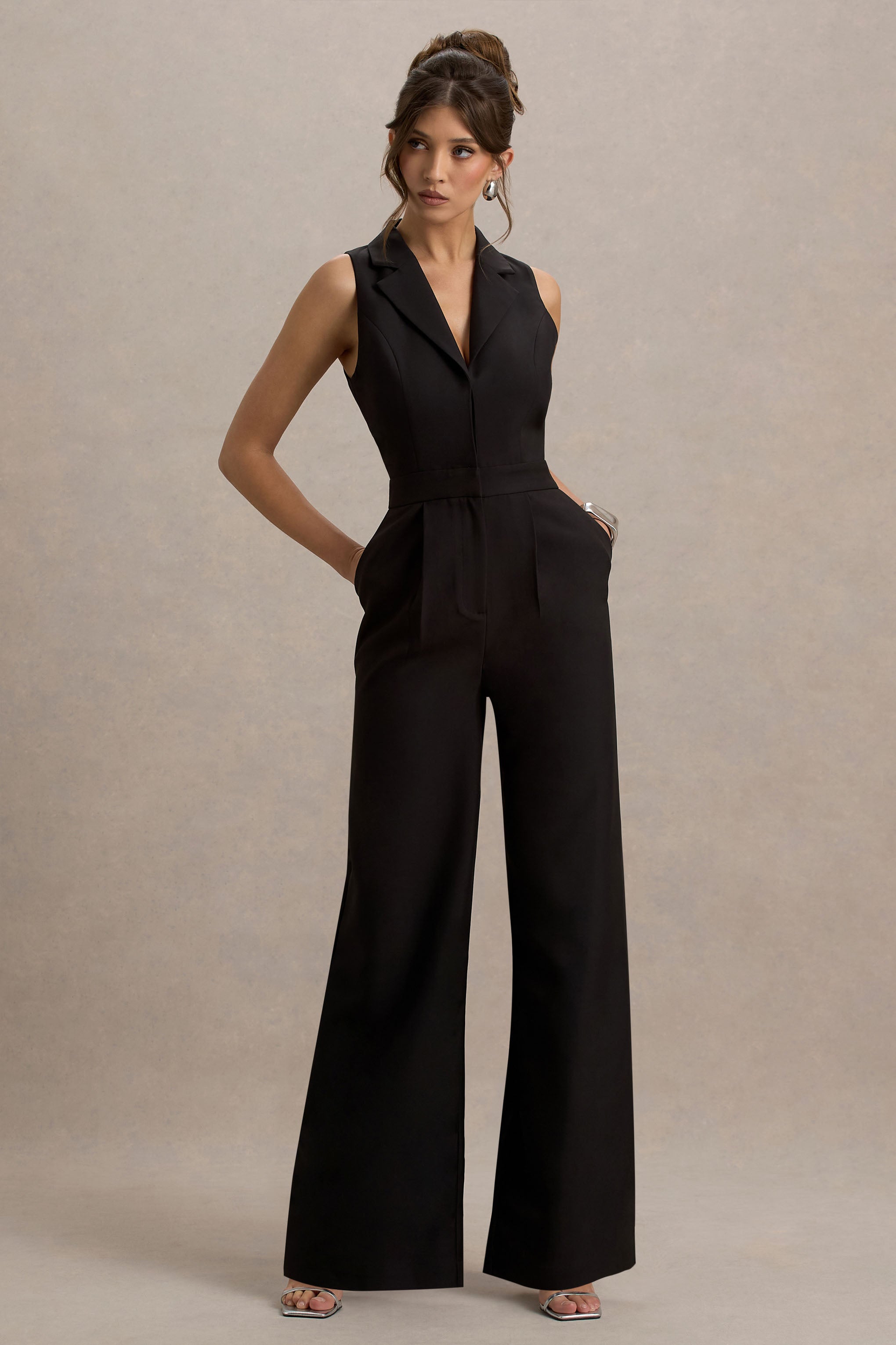 Trixie | Black Plunge-Neck Tailored Jumpsuit