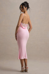 Addison | Pink Cowl-Neck Open-Back Midi Dress With Lace