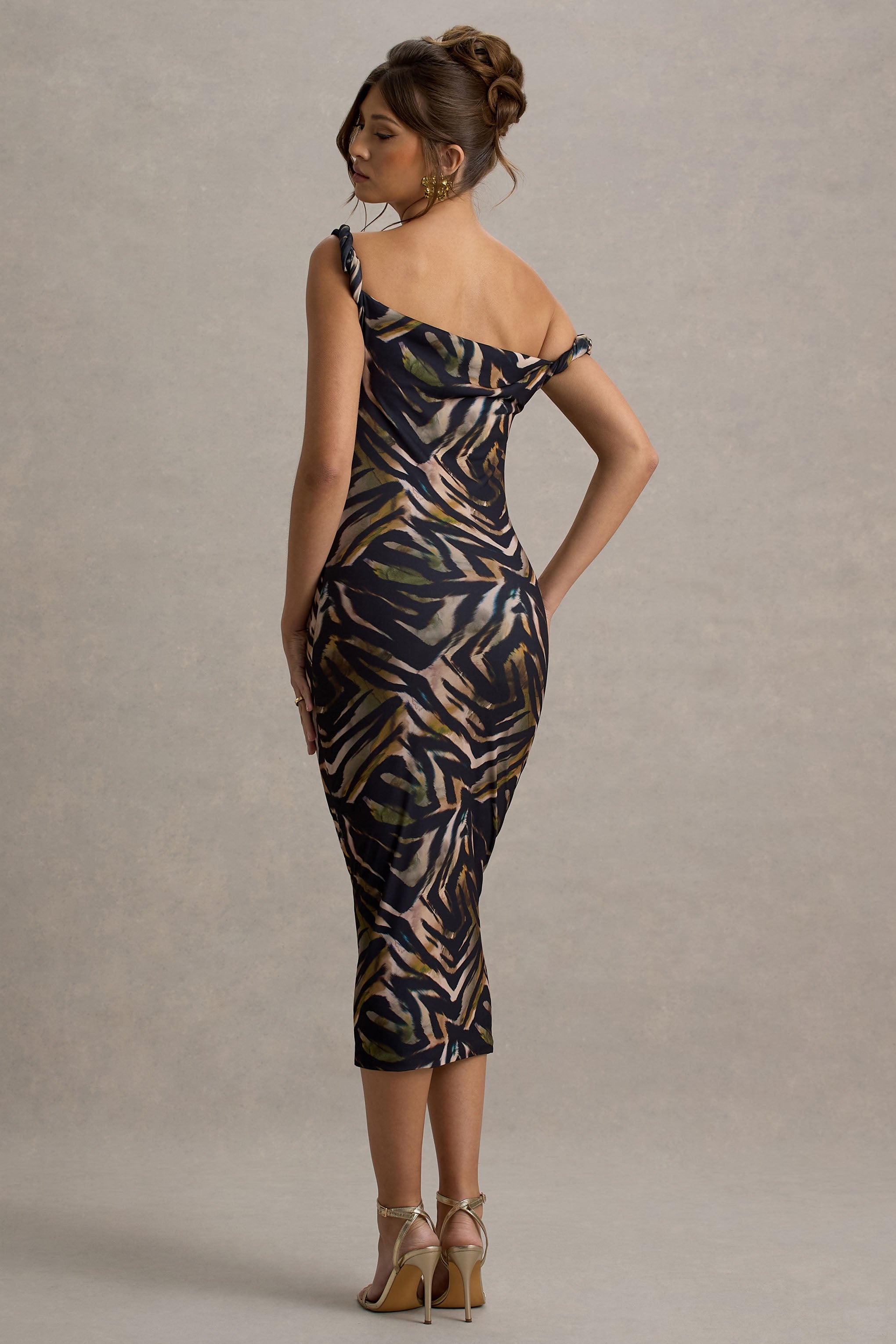 Nora | Zebra Print Twisted Asymmetric Midi Dress