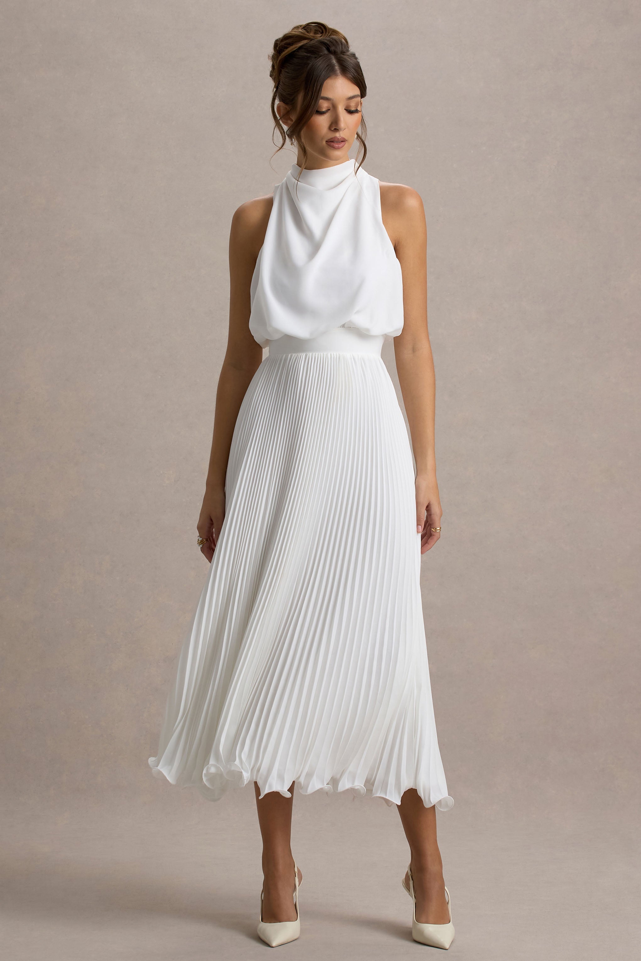 Nila | White Cowl-Neck Midi Dress With Plisse Skirt