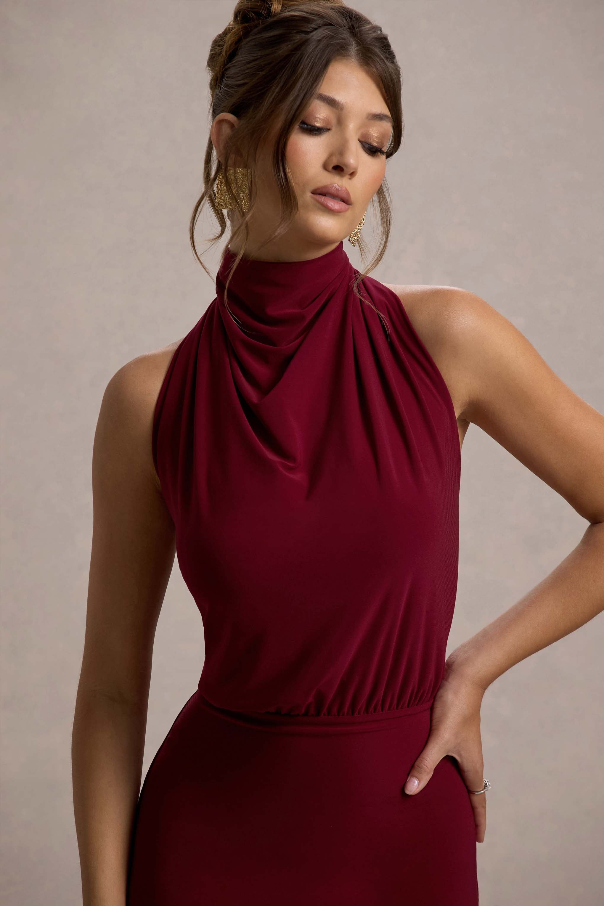 Prianyka | Berry High-Neck Draped Midi Dress