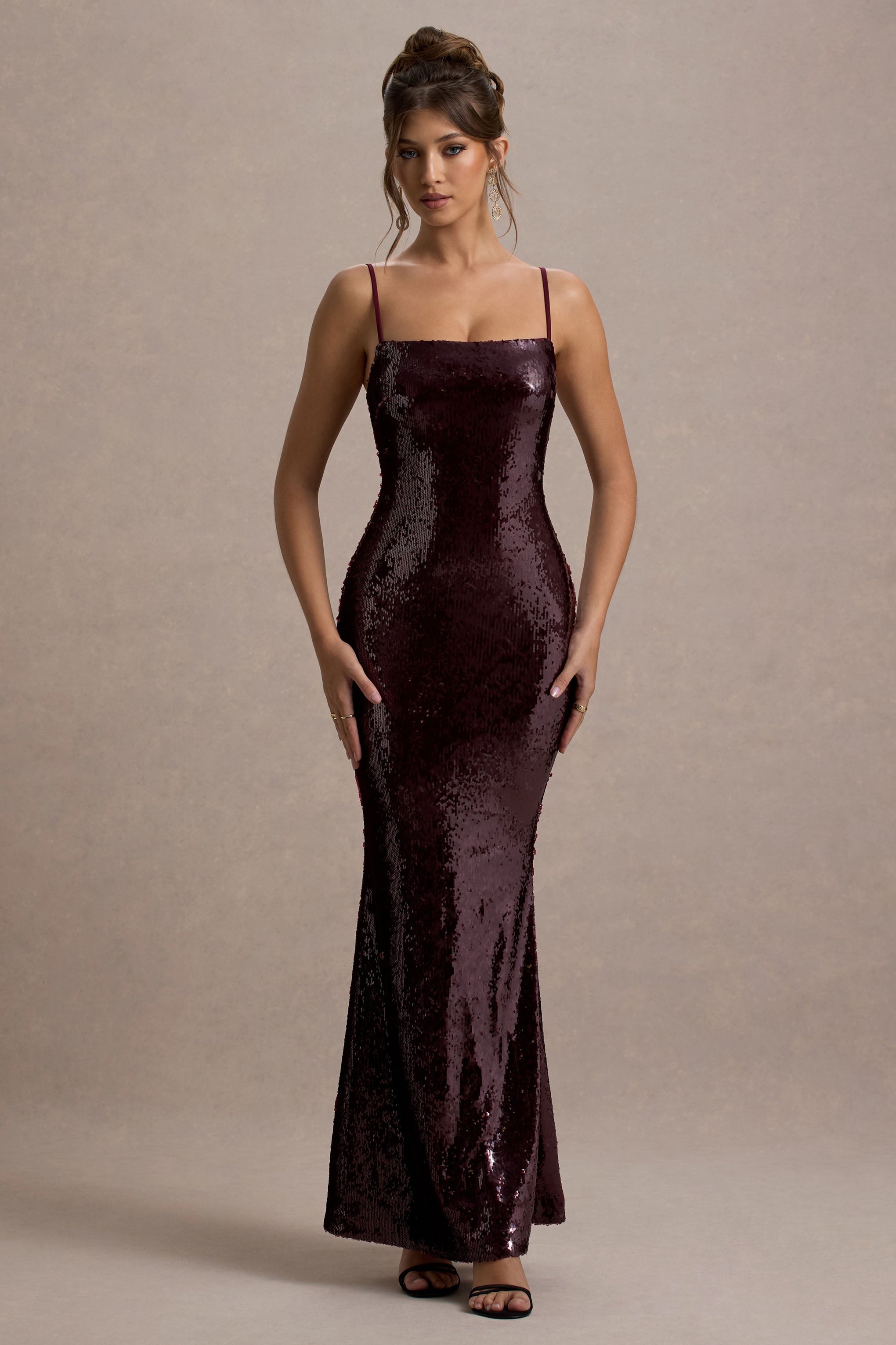 Crystalline | Berry Sequin Strappy Maxi Dress