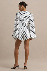 Laurel | White Polka Dot V-Neck Balloon Sleeve Playsuit