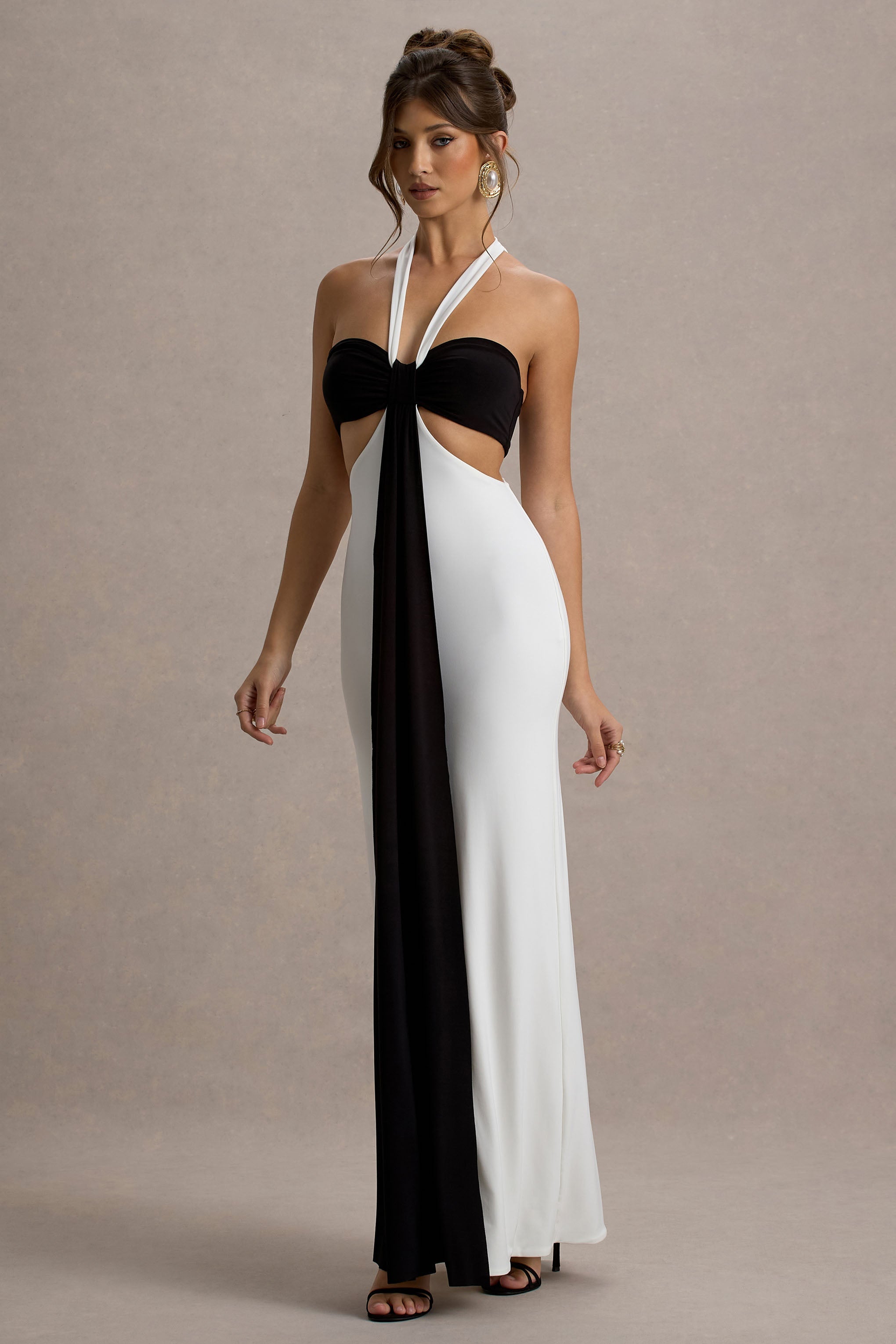 Acentis | Black & White Halter-Neck Cut-Out Maxi Dress