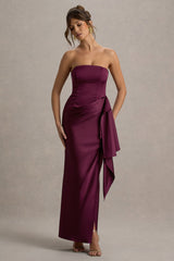 Loz | Burgundy Satin Bandeau Draped Maxi Dress