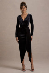 Arcadia | Black Velvet Plunge-Neck Wrap Midi Dress