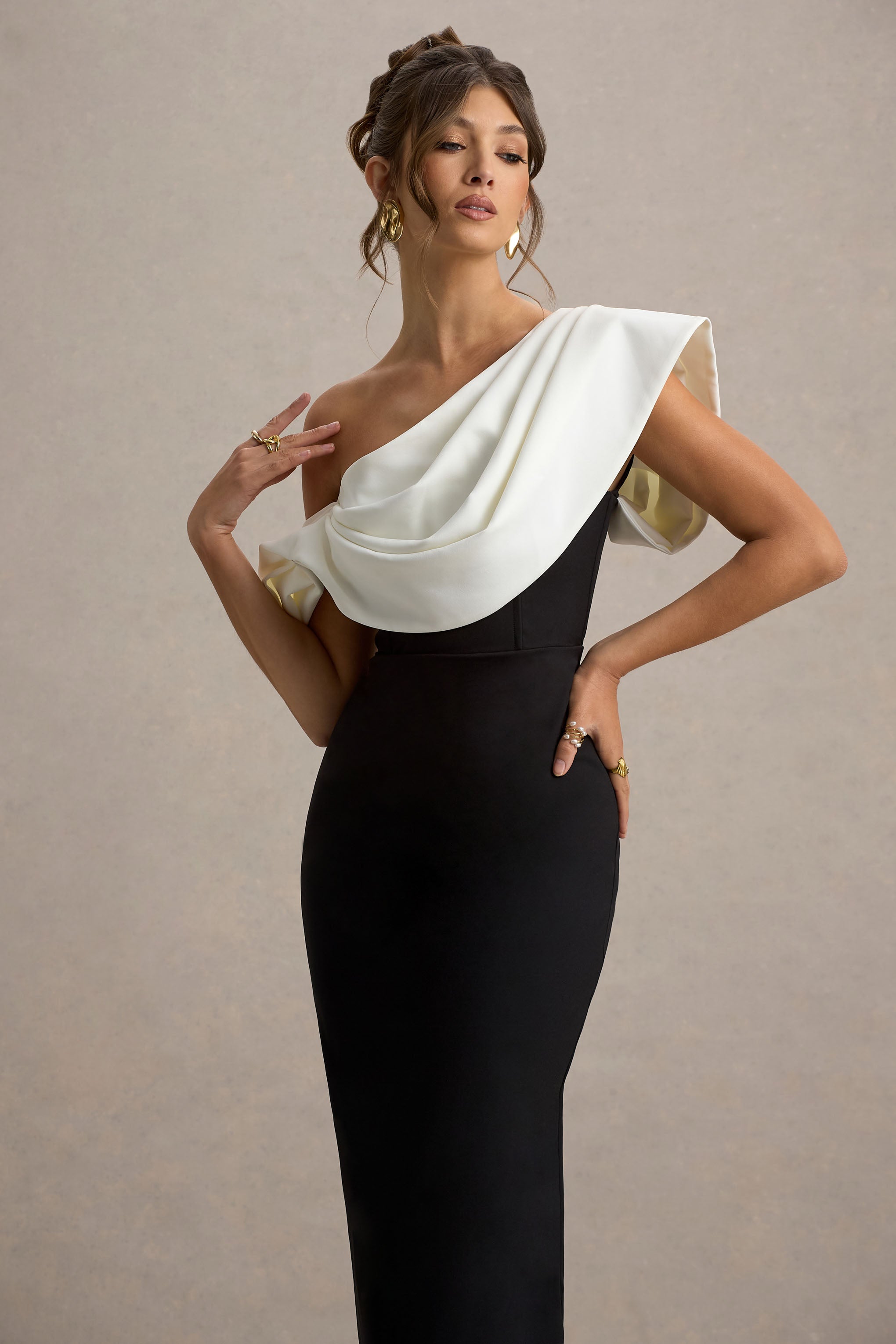 Angelina | Black & White Draped Shoulder Maxi Dress