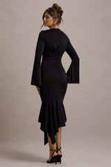 Rehna | Black Plunge-Neck Bell-Sleeve Midi Dress