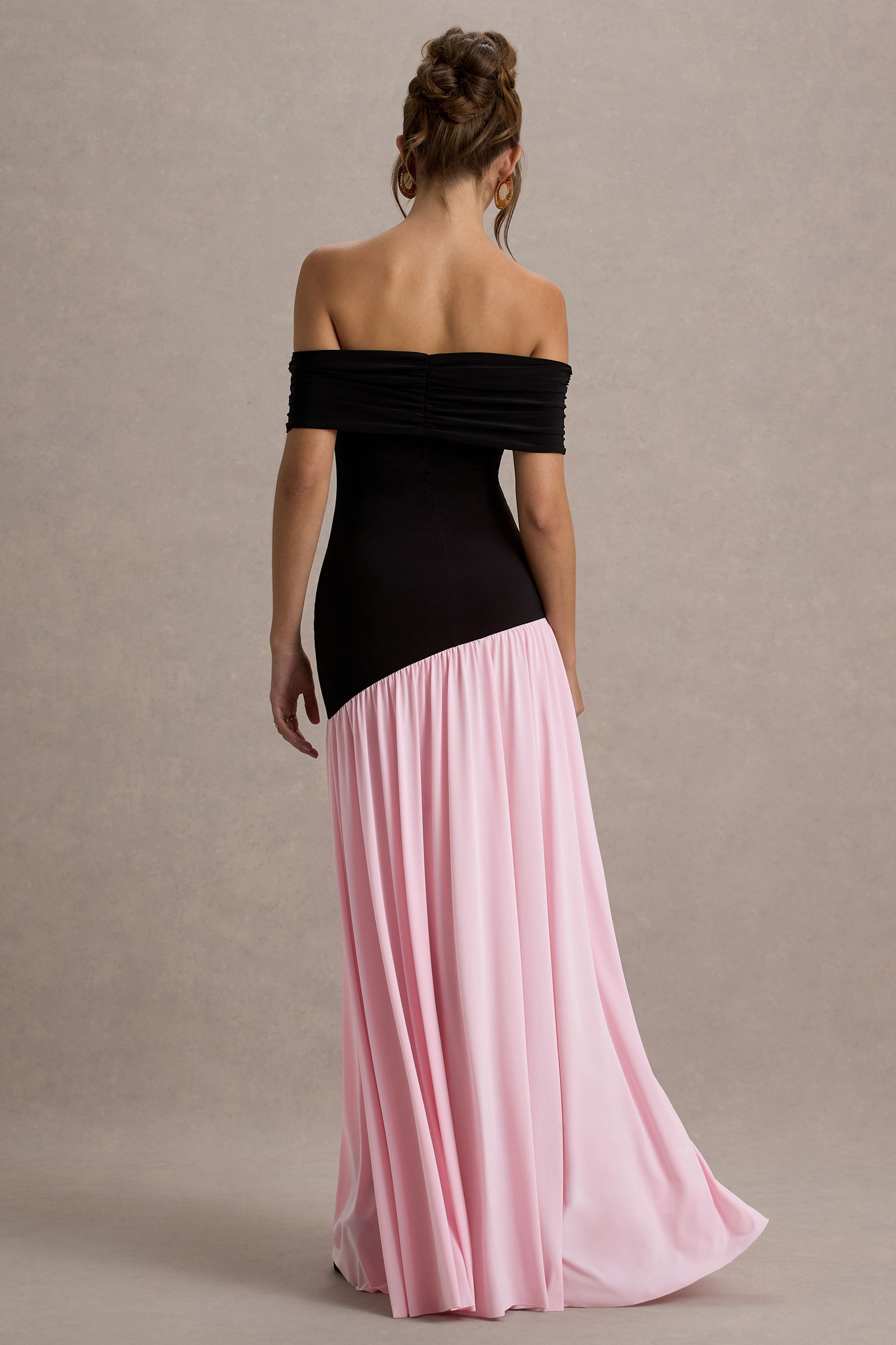 Venezia | Black & Pink Bardot Puff-Skirt Maxi Dress