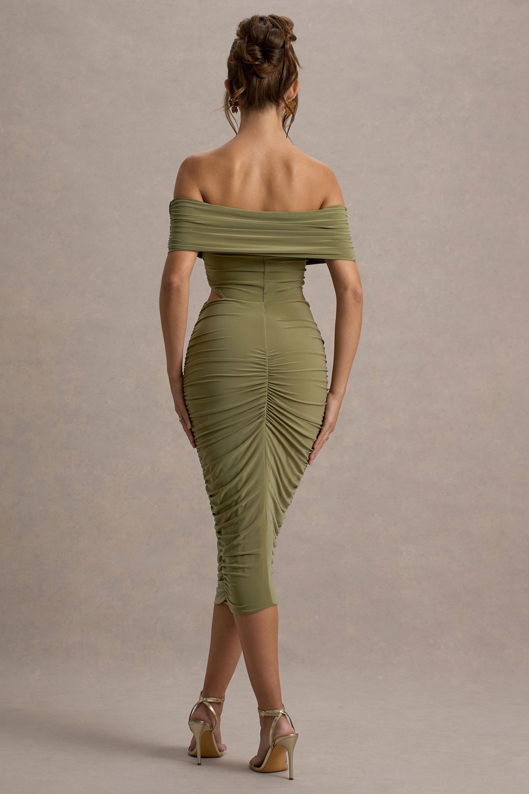 Clovette | Olive Ruched Bardot Cut-Out Midi Dress
