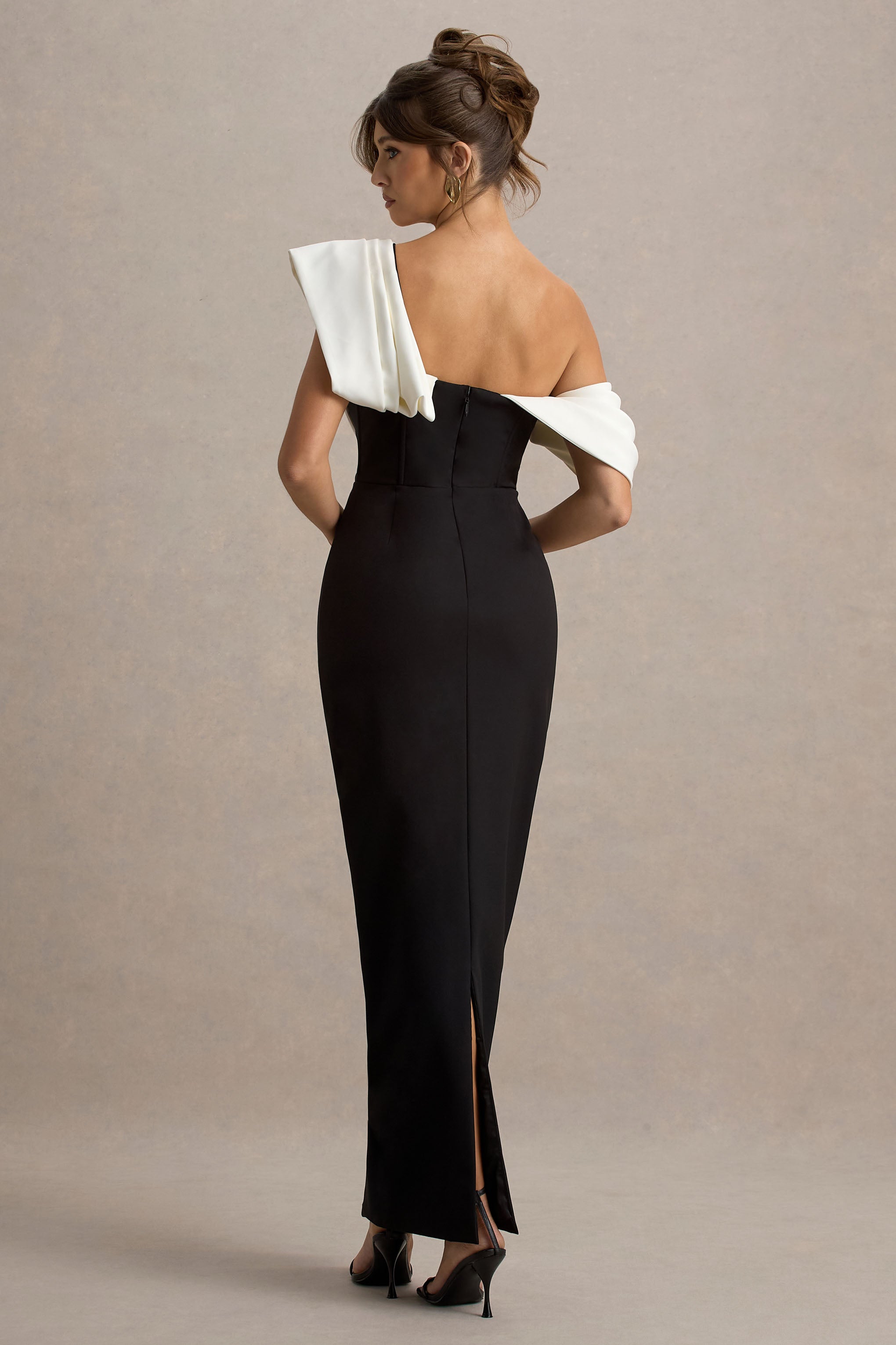 Angelina | Black & White Draped Shoulder Maxi Dress