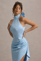 Maureen | Powder Blue Satin High-Neck Draped Maxi Dress